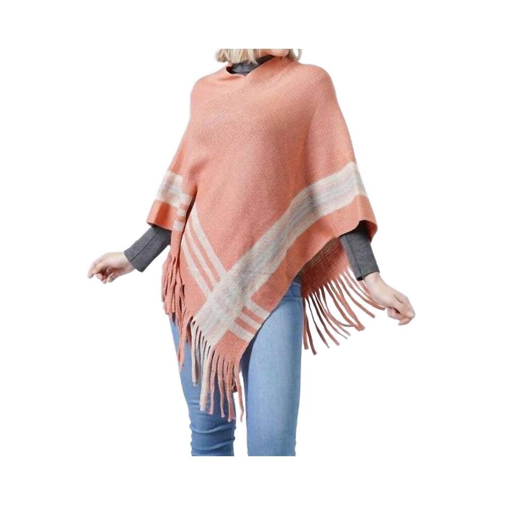 NEW JUDSON & CO. knit poncho with contrast detail and tassel fringe in pink